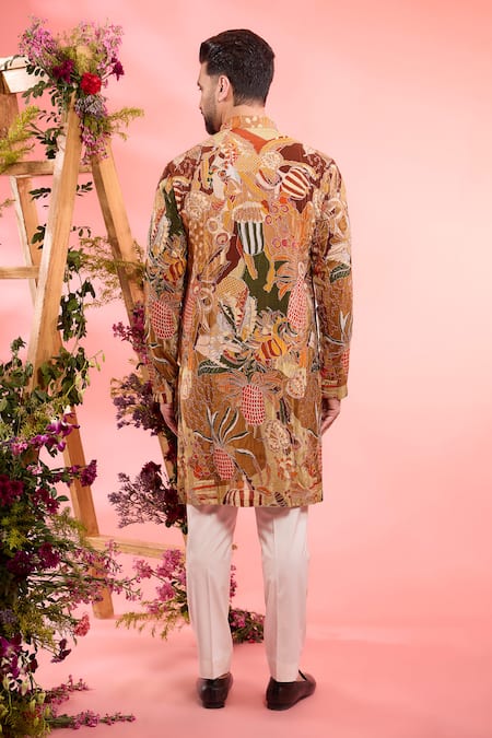 Shop_Kasbah_Peach Silk Embroidery Designer Printed Kurta _at_Aza_Fashions