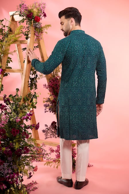 Shop_Kasbah_Teal Silk Sequins Classic Kurta _at_Aza_Fashions