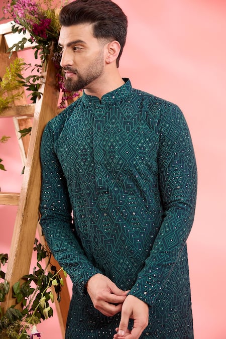 Kasbah_Teal Silk Sequins Classic Kurta _Online_at_Aza_Fashions