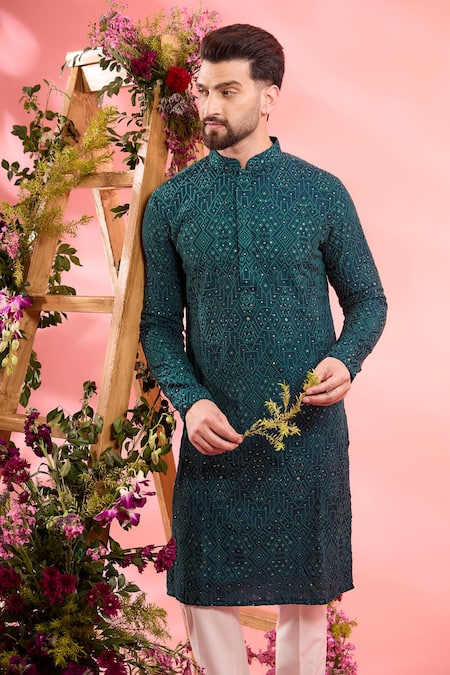 Buy_Kasbah_Teal Silk Sequins Classic Kurta _Online_at_Aza_Fashions
