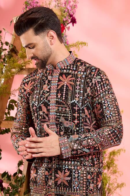 Buy_Kasbah_Black Georgette Embroidery Classic Kurta _Online_at_Aza_Fashions