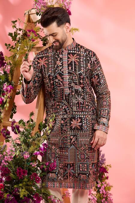 Shop_Kasbah_Black Georgette Embroidery Classic Kurta _Online_at_Aza_Fashions