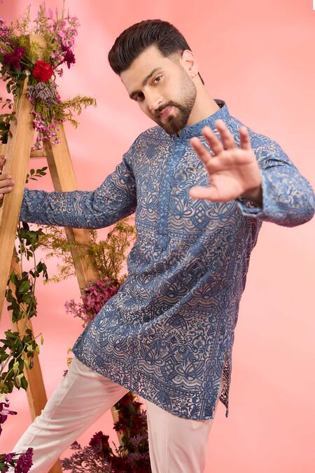 Kasbah_Blue Organza Embroidery Designer Kurta _Online_at_Aza_Fashions