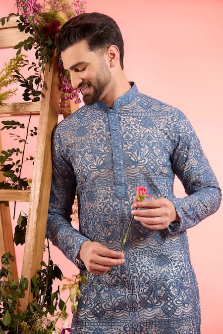 Buy_Kasbah_Blue Organza Embroidery Designer Kurta _Online_at_Aza_Fashions