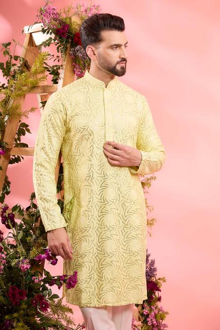 Kasbah_Yellow Silk Embroidery Kurta _Online_at_Aza_Fashions