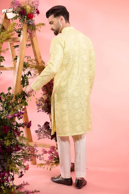 Shop_Kasbah_Yellow Silk Embroidery Kurta _at_Aza_Fashions