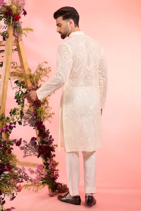 Shop_Kasbah_Ivory Organza Embroidery Kurta _at_Aza_Fashions