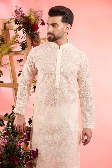 Kasbah_Ivory Organza Embroidery Kurta _Online_at_Aza_Fashions