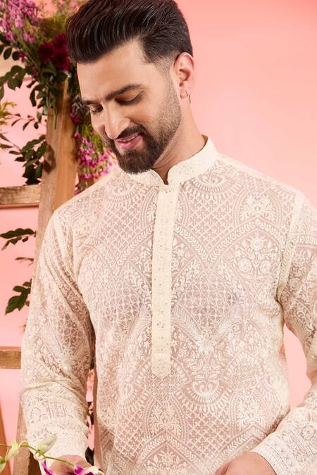 Buy_Kasbah_Ivory Organza Embroidery Kurta _Online_at_Aza_Fashions