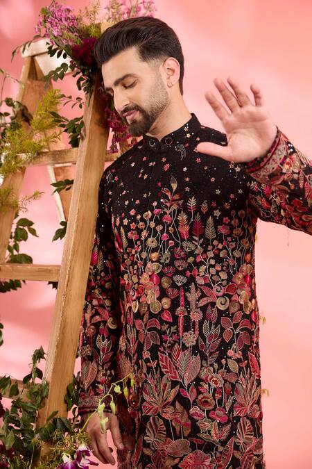Kasbah_Black Georgette Embroidery Floral Kurta _Online_at_Aza_Fashions