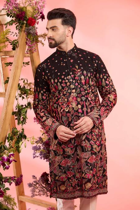 Buy_Kasbah_Black Georgette Embroidery Floral Kurta _Online_at_Aza_Fashions