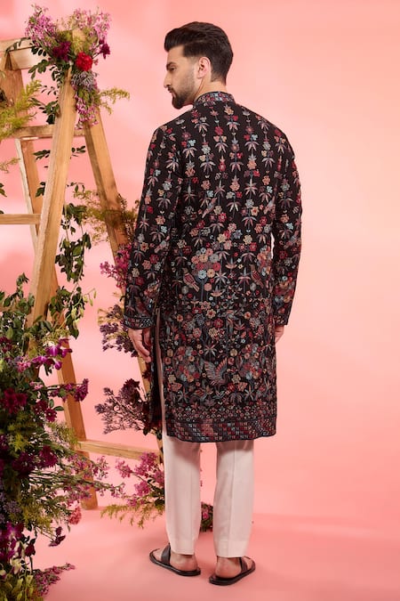 Shop_Kasbah_Black Georgette Embroidery Floral Kurta _at_Aza_Fashions