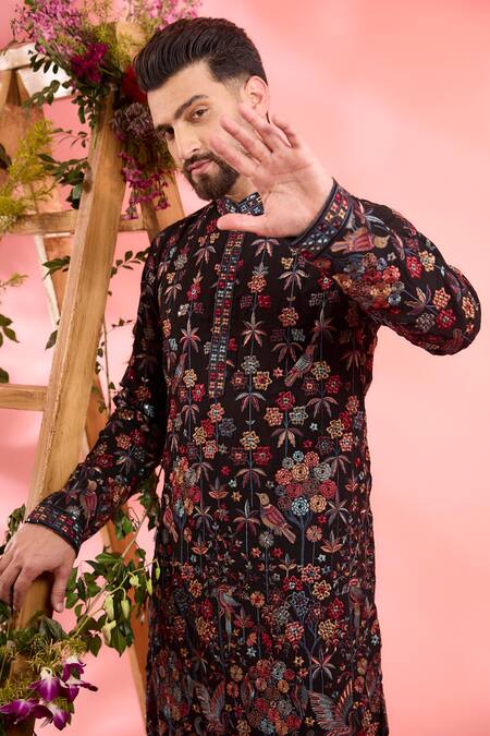 Kasbah_Black Georgette Embroidery Floral Kurta _Online_at_Aza_Fashions