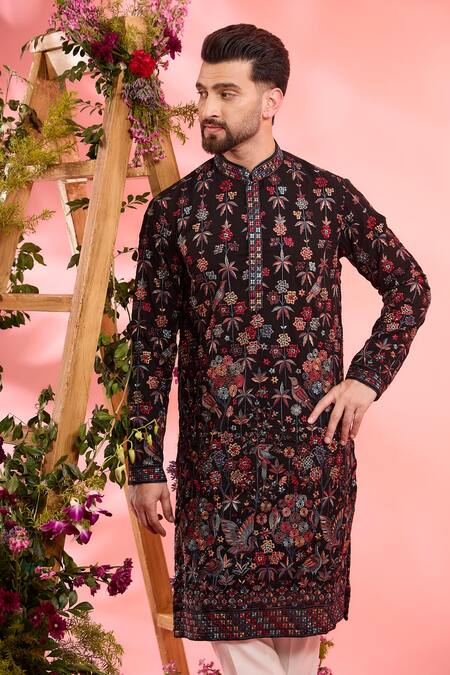 Buy_Kasbah_Black Georgette Embroidery Floral Kurta _Online_at_Aza_Fashions