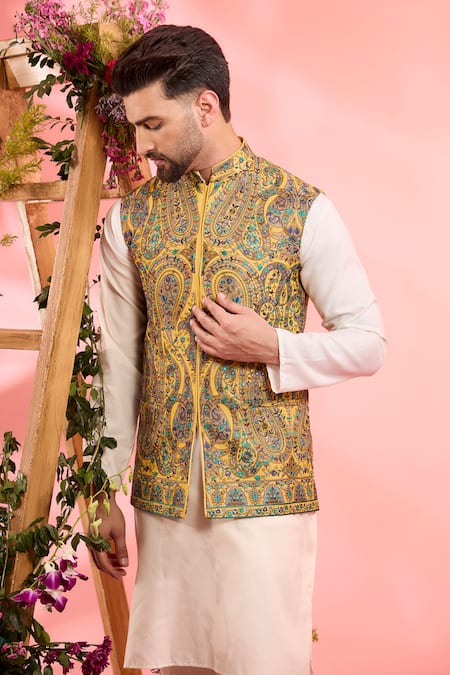 Kasbah Yellow Georgette Embroidery Designer Paisley Nehru Jacket Online at Aza Fashions Kasbah_Yellow Georgette Embroidery Designer Paisley Nehru Jacket _Online_at_Aza_Fashions
