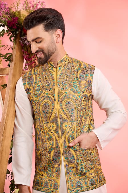 Buy Kasbah Yellow Georgette Embroidery Designer Paisley Nehru Jacket Online at Aza Fashions Buy_Kasbah_Yellow Georgette Embroidery Designer Paisley Nehru Jacket _Online_at_Aza_Fashions