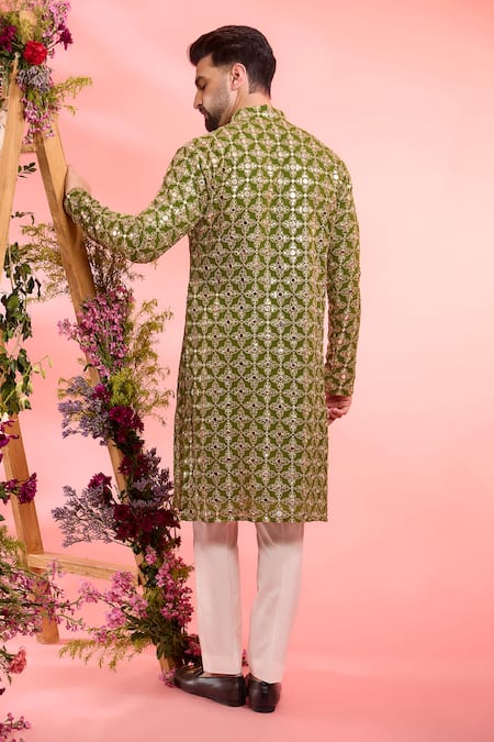Shop_Kasbah_Green Georgette Sequins, Embroidery Lime Designer Kurta _at_Aza_Fashions