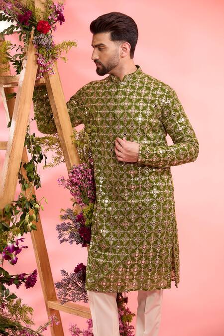 Kasbah_Green Georgette Sequins, Embroidery Lime Designer Kurta _Online_at_Aza_Fashions