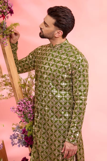 Buy_Kasbah_Green Georgette Sequins, Embroidery Lime Designer Kurta _Online_at_Aza_Fashions