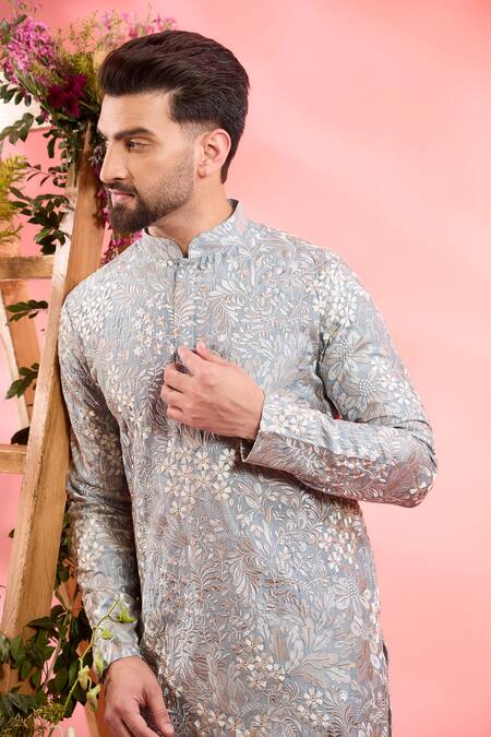 Buy Kasbah Blue Silk Embroidery Designer Kurta Online at Aza Fashions Buy_Kasbah_Blue Silk Embroidery Designer Kurta _Online_at_Aza_Fashions