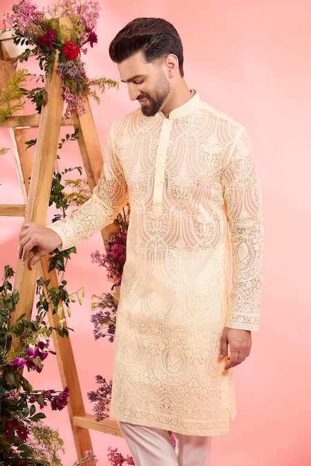 Buy_Kasbah_Ivory Georgette Embroidery Designer Kurta _Online_at_Aza_Fashions