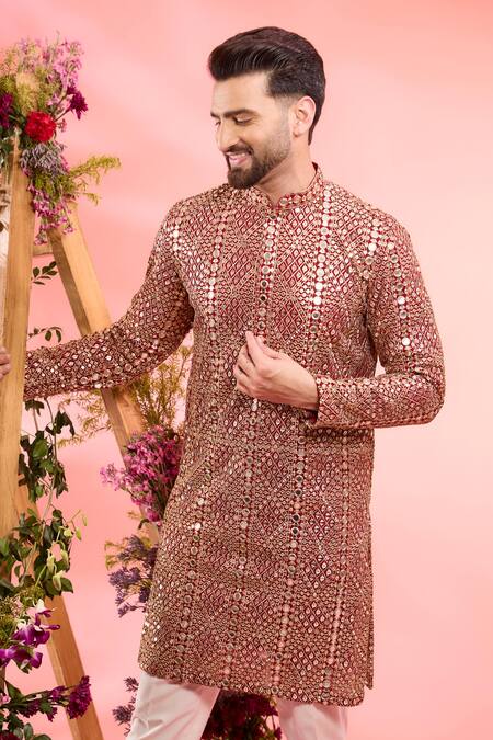 Kasbah_Red Georgette Sequins Designer Kurta _Online_at_Aza_Fashions