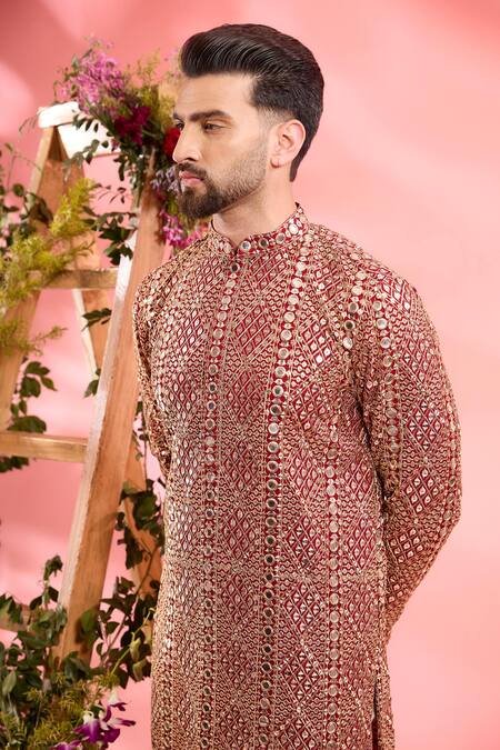 Buy_Kasbah_Red Georgette Sequins Designer Kurta _Online_at_Aza_Fashions