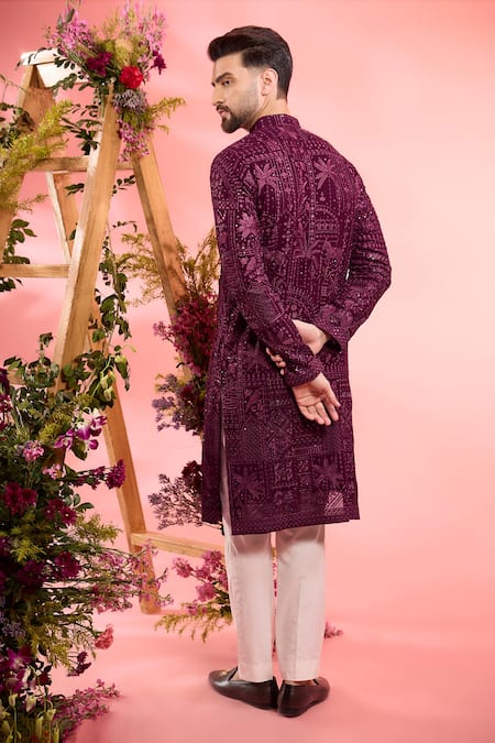 Shop_Kasbah_Wine Georgette Embroidery Designer Kurta _at_Aza_Fashions
