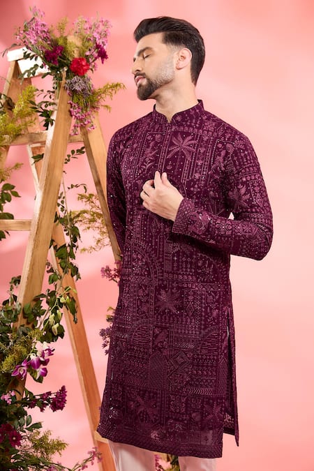 Kasbah_Wine Georgette Embroidery Designer Kurta _Online_at_Aza_Fashions
