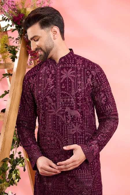 Buy_Kasbah_Wine Georgette Embroidery Designer Kurta _Online_at_Aza_Fashions