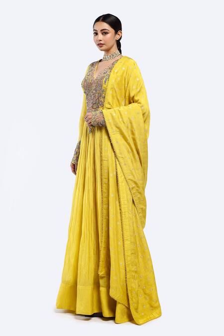 Onaya_Yellow Georgette Pearls, Embroidery V-neck Multicolour Anarkali Set _Online_at_Aza_Fashions