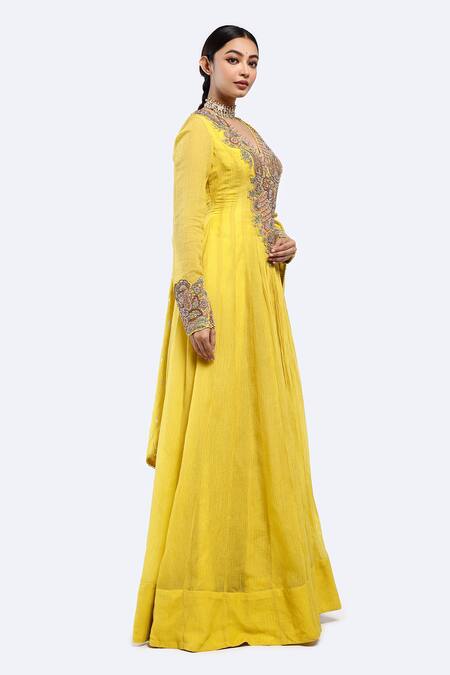 Buy_Onaya_Yellow Georgette Pearls, Embroidery V-neck Multicolour Anarkali Set _Online_at_Aza_Fashions