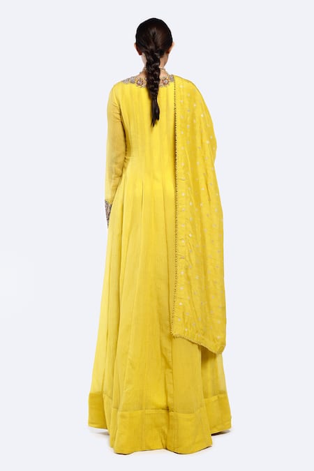 Shop_Onaya_Yellow Georgette Pearls, Embroidery V-neck Multicolour Anarkali Set _at_Aza_Fashions