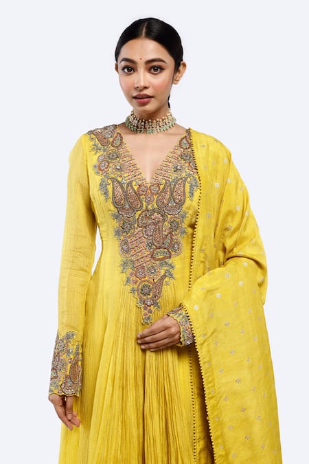 Shop_Onaya_Yellow Georgette Pearls, Embroidery V-neck Multicolour Anarkali Set _Online_at_Aza_Fashions