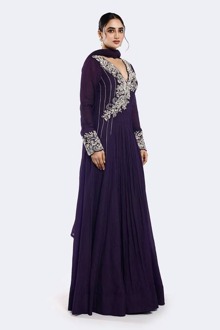 Onaya_Purple Georgette Embroidery V-neck Multicolour Anarkali Set _Online_at_Aza_Fashions
