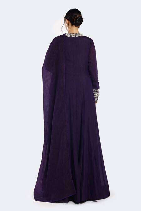 Shop_Onaya_Purple Georgette Embroidery V-neck Multicolour Anarkali Set _at_Aza_Fashions