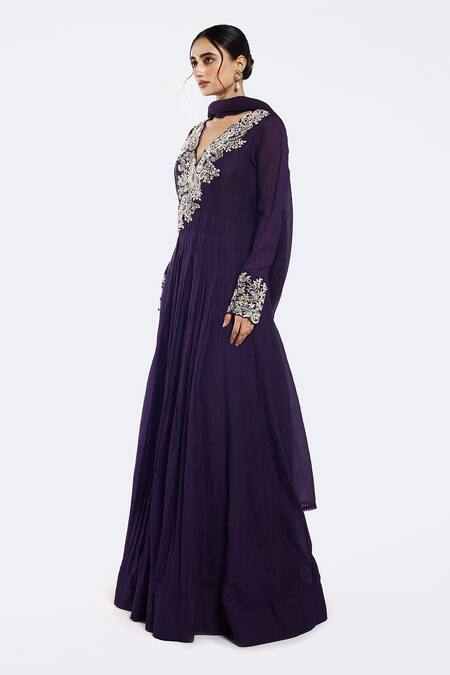 Buy_Onaya_Purple Georgette Embroidery V-neck Multicolour Anarkali Set _Online_at_Aza_Fashions