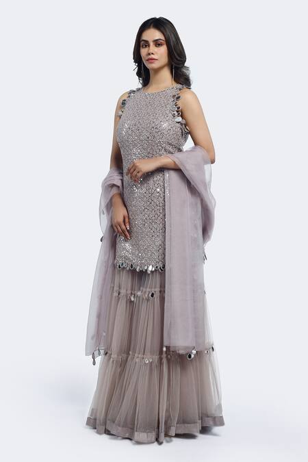 Buy Onaya Gray Net Mirrors Round Neck Grey Work Kurta Set Online at Aza Fashions Buy_Onaya_Gray Net Mirrors Round Neck Grey Work Kurta Set _Online_at_Aza_Fashions