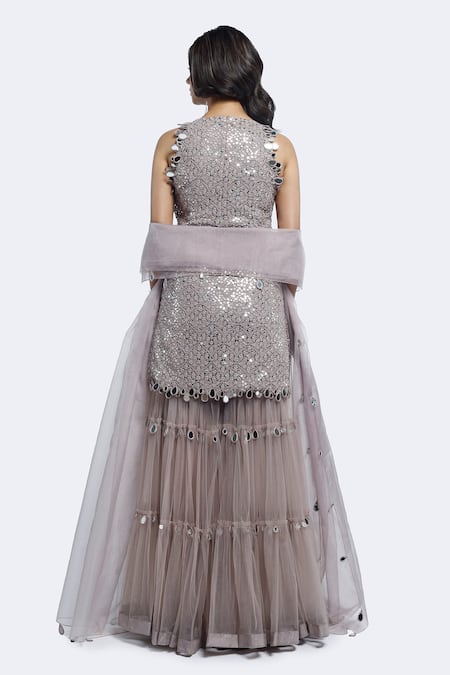 Shop Onaya Gray Net Mirrors Round Neck Grey Work Kurta Set at Aza Fashions Shop_Onaya_Gray Net Mirrors Round Neck Grey Work Kurta Set _at_Aza_Fashions