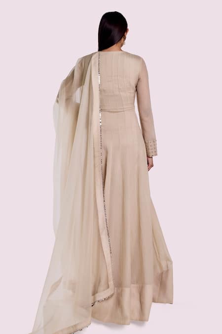 Shop Onaya Off White Organza Mirrors, Cut Work, Embroidery V-neck Anarkali Set at Aza Fashions Shop_Onaya_Off White Organza Mirrors, Cut Work, Embroidery V-neck Anarkali Set _at_Aza_Fashions