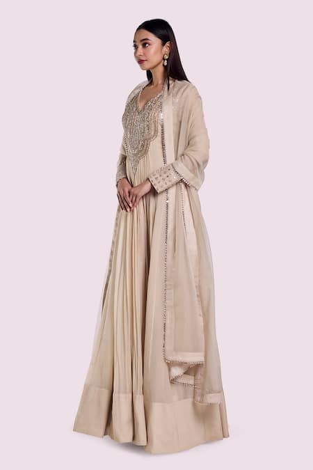 Buy Onaya Off White Organza Mirrors, Cut Work, Embroidery V-neck Anarkali Set Online at Aza Fashions Buy_Onaya_Off White Organza Mirrors, Cut Work, Embroidery V-neck Anarkali Set _Online_at_Aza_Fashions