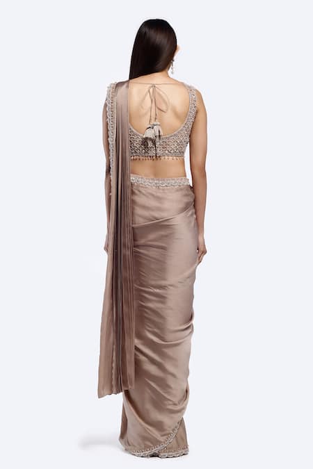 Onaya Brown Cutdana Embroidered Pre-Draped Saree Set 