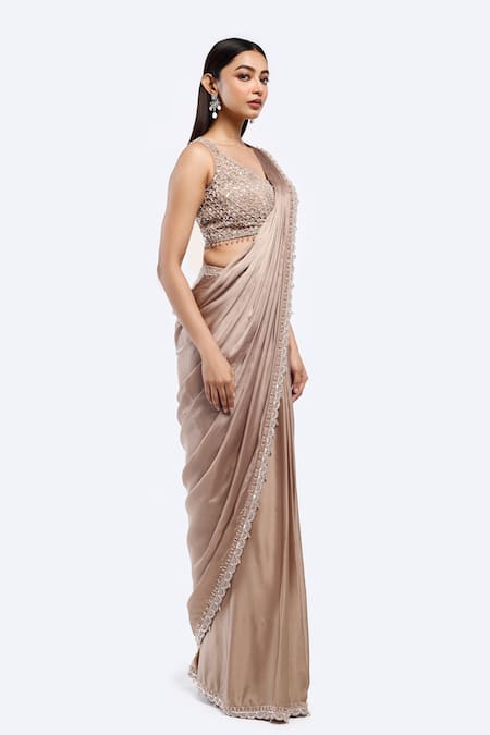 Onaya Brown Crepe Cut Work, Sequins Cutdana Embroidered Pre-draped Saree Set Online at Aza Fashions Onaya_Brown Crepe Cut Work, Sequins Cutdana Embroidered Pre-draped Saree Set _Online_at_Aza_Fashions