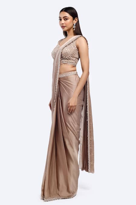 Buy Onaya Brown Crepe Cut Work, Sequins Cutdana Embroidered Pre-draped Saree Set Online at Aza Fashions Buy_Onaya_Brown Crepe Cut Work, Sequins Cutdana Embroidered Pre-draped Saree Set _Online_at_Aza_Fashions