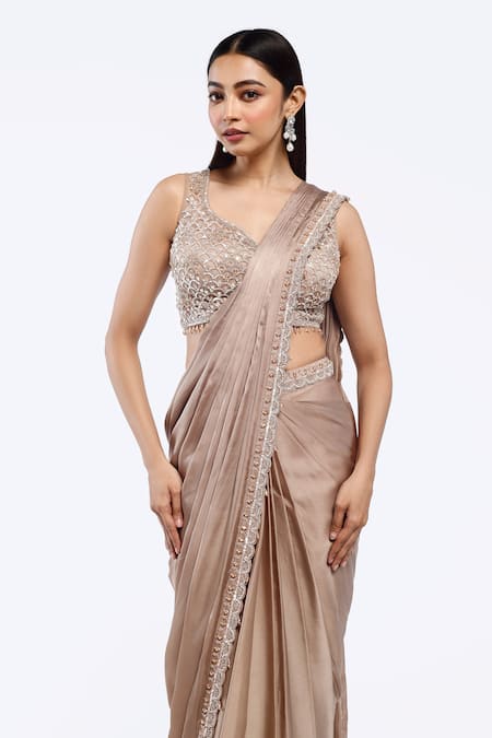 Shop Onaya Brown Crepe Cut Work, Sequins Cutdana Embroidered Pre-draped Saree Set Online at Aza Fashions Shop_Onaya_Brown Crepe Cut Work, Sequins Cutdana Embroidered Pre-draped Saree Set _Online_at_Aza_Fashions