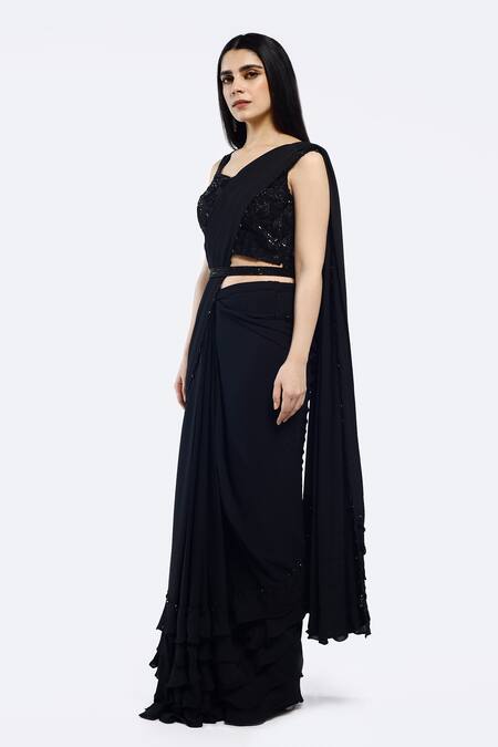 Onaya_Black Georgette Cut Work Cutdana Pre-draped Saree Set _Online_at_Aza_Fashions