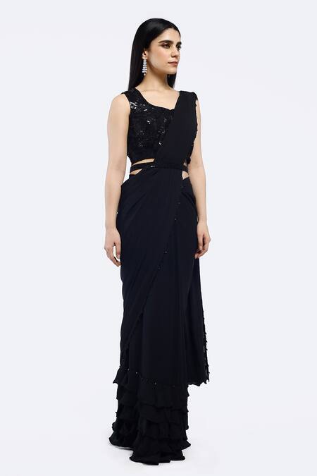 Buy_Onaya_Black Georgette Cut Work Cutdana Pre-draped Saree Set _Online_at_Aza_Fashions