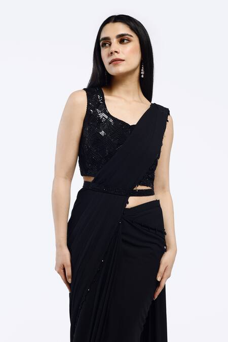 Shop_Onaya_Black Georgette Cut Work Cutdana Pre-draped Saree Set _Online_at_Aza_Fashions