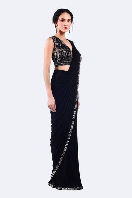 Onaya_Black Lycra, Net Sequins, Cut Work, Embroidery Sequence Pre-draped Saree Set_Online_at_Aza_Fashions
