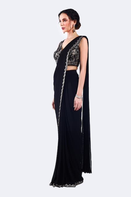 Buy_Onaya_Black Lycra, Net Sequins, Cut Work, Embroidery Sequence Pre-draped Saree Set_Online_at_Aza_Fashions